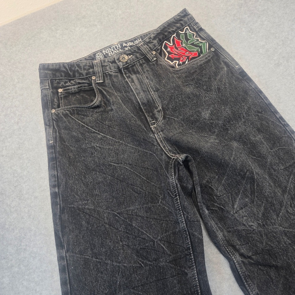 Ninth Hall Ambush Baggy Jeans Mens 30 Washed Black Graffiti Tattoo Embroidered